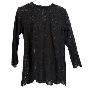 Zara Scalloped Trim Sheer Lace Unlined Quarter Sleeve Blouse Black Medium